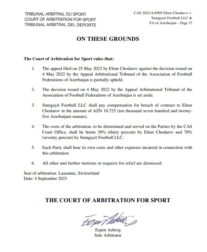 Çodarov - "Sumqayıt" mübarizəsində yekun qərar verildi - RƏSMİ SƏNƏD